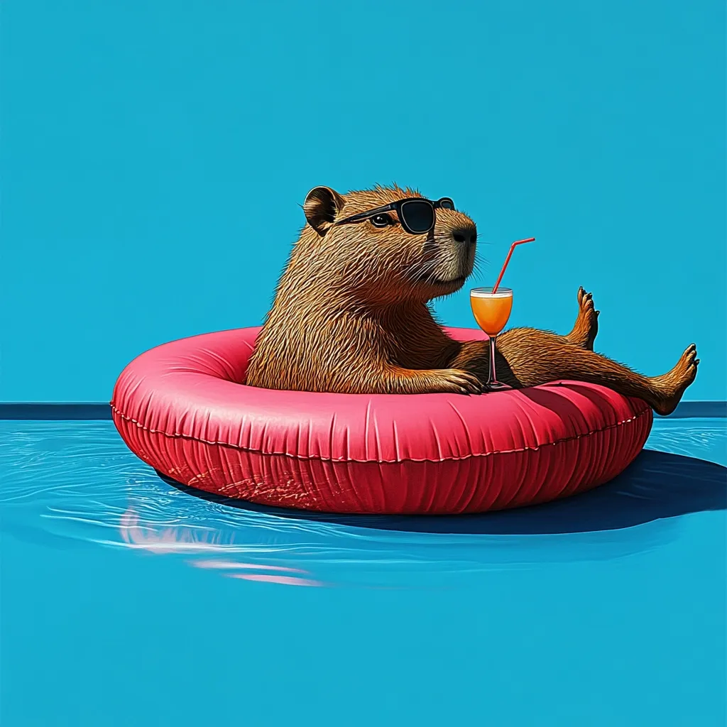 A capybara, wearing sunglasses, relaxes in a pink inflatable ring in a turquoise swimming pool.  It casually holds a glass of orange juice with a straw.  The scene is bright and sunny, suggesting a carefree summer day.  The capybara appears content and enjoys its poolside refreshment.