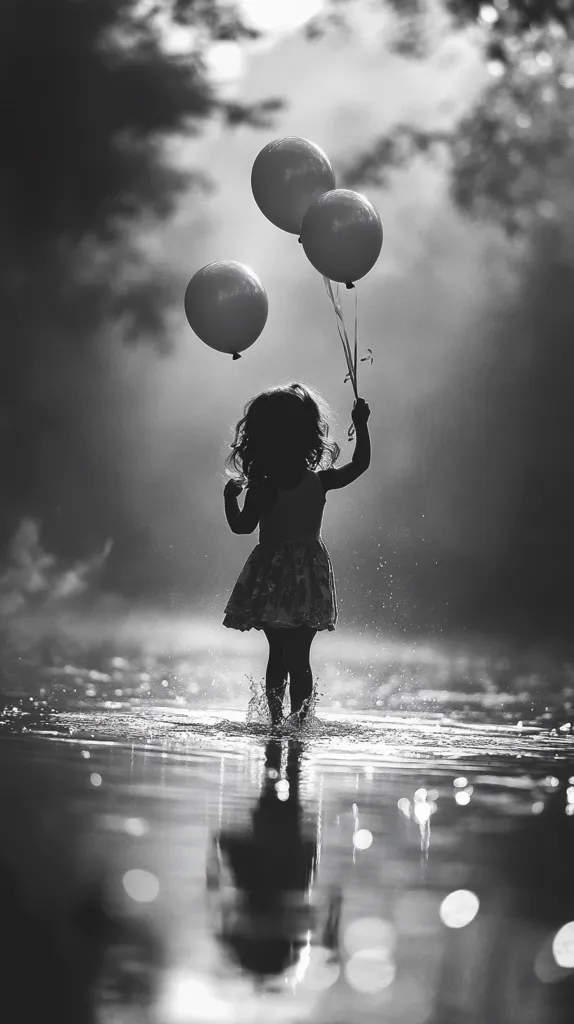 A black and white photo shows a little girl, silhouetted against a bright sky, wading through shallow water.  She holds three balloons, their strings trailing behind her. The scene is peaceful and evokes a sense of carefree childhood joy. The girl's reflection is visible in the still water, mirroring her happy stride. The background features blurred trees and a hazy atmosphere.