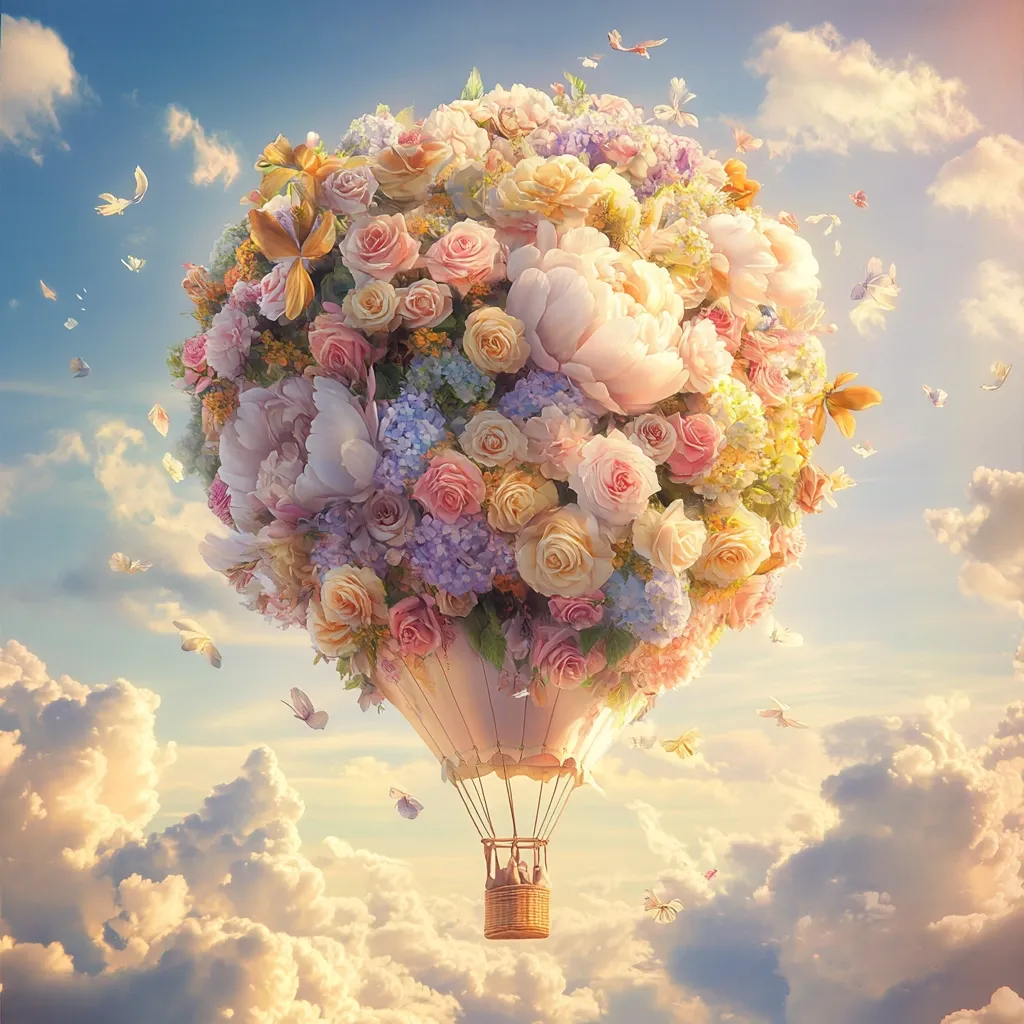 A whimsical hot air balloon, crafted entirely of vibrant roses, peonies, and other blossoms, floats serenely amidst fluffy clouds.  Butterflies dance around the floral marvel, adding to the ethereal, dreamlike atmosphere of a sun-drenched sky.  The balloon's wicker basket holds unseen passengers, embarking on a magical journey through this breathtaking floral landscape.