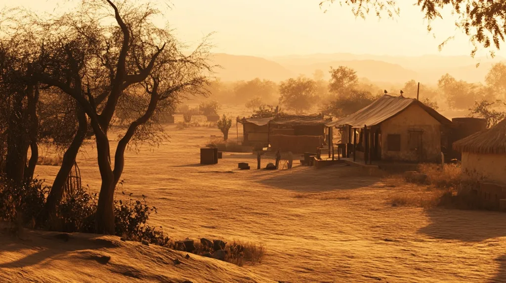 A serene desert landscape at sunrise.  Sparse, gnarled trees dot the sandy expanse. Simple, earthen-toned buildings, possibly a small village or settlement, are nestled amongst the trees.  A hazy golden light bathes the scene, creating a warm, peaceful atmosphere. The overall impression is one of quiet solitude and the harsh beauty of the desert.