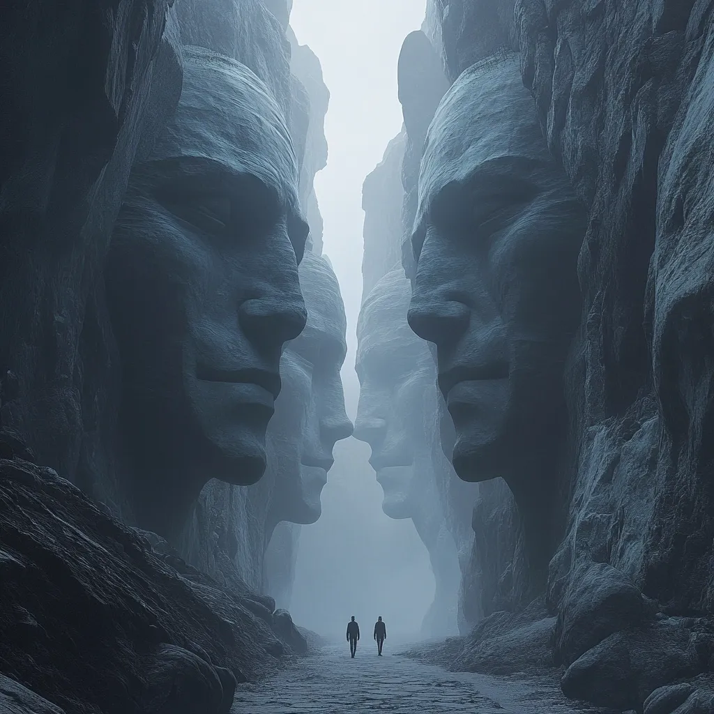 A misty canyon is lined with colossal, weathered stone faces, their expressions serene yet imposing.  Two solitary figures, dwarfed by the monumental sculptures, walk towards a vanishing point in the distance.  The scene evokes a sense of mystery and awe, suggesting a journey into an ancient, forgotten realm.  The color palette is muted blues and greys, enhancing the atmosphere of quiet contemplation.