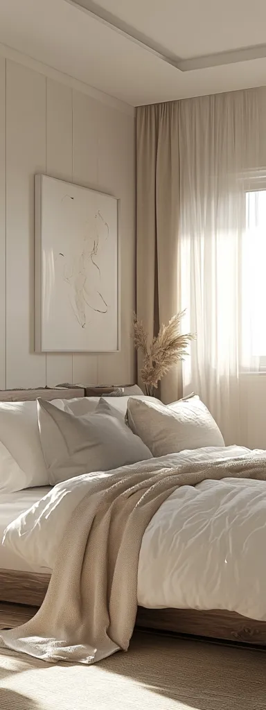 A serene bedroom features a minimalist aesthetic.  A beige bed with crisp white linens and a textured throw is the focal point.  Neutral-toned curtains filter sunlight through a large window.  A simple line drawing hangs on the wall, complementing the calm, muted palette. The overall mood is one of peaceful tranquility.