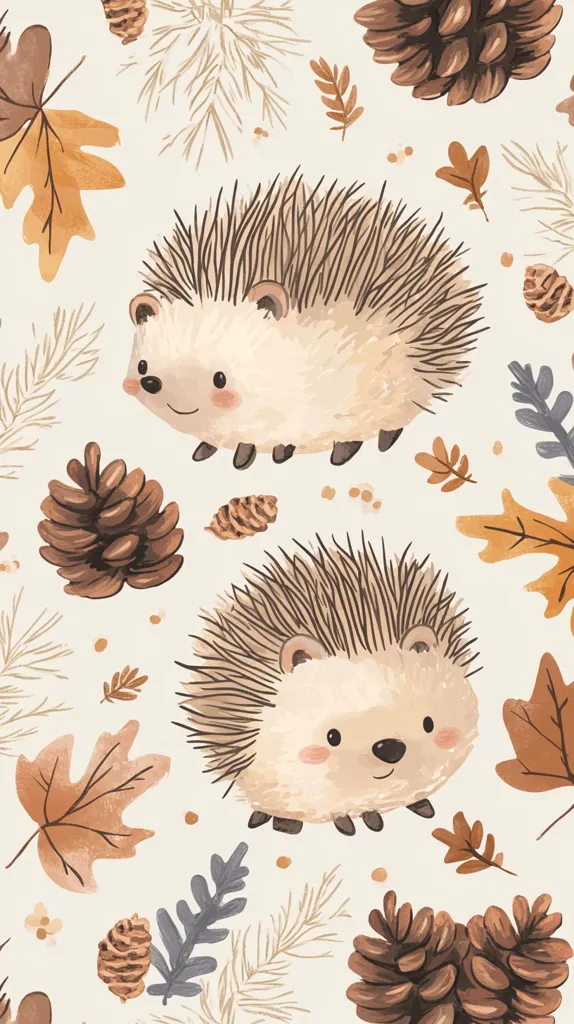 A charming autumn-themed illustration features two adorable hedgehogs amidst a delightful array of fall elements.  Pinecones, leaves in warm autumnal hues, and delicate sprigs create a cozy and inviting woodland scene. The hedgehogs are depicted in a cute, cartoonish style, adding a touch of whimsy to the design.  The overall aesthetic is soft, gentle, and perfect for a fall-themed backdrop or pattern.
