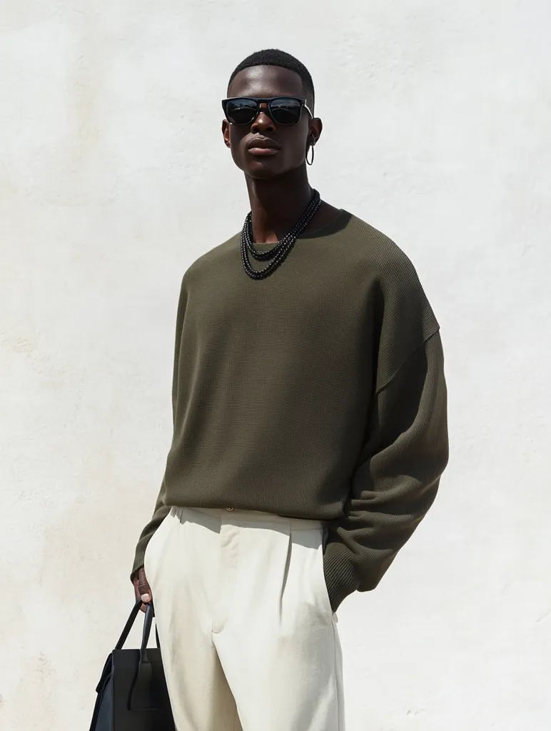 A dark-skinned male model sports a relaxed, olive-green crewneck sweater with long sleeves and a slightly oversized fit.  He pairs it with light beige pleated trousers and black sunglasses.  A simple layered black beaded necklace adds subtle detail. He casually holds a black tote bag. The backdrop is a minimalist white wall.