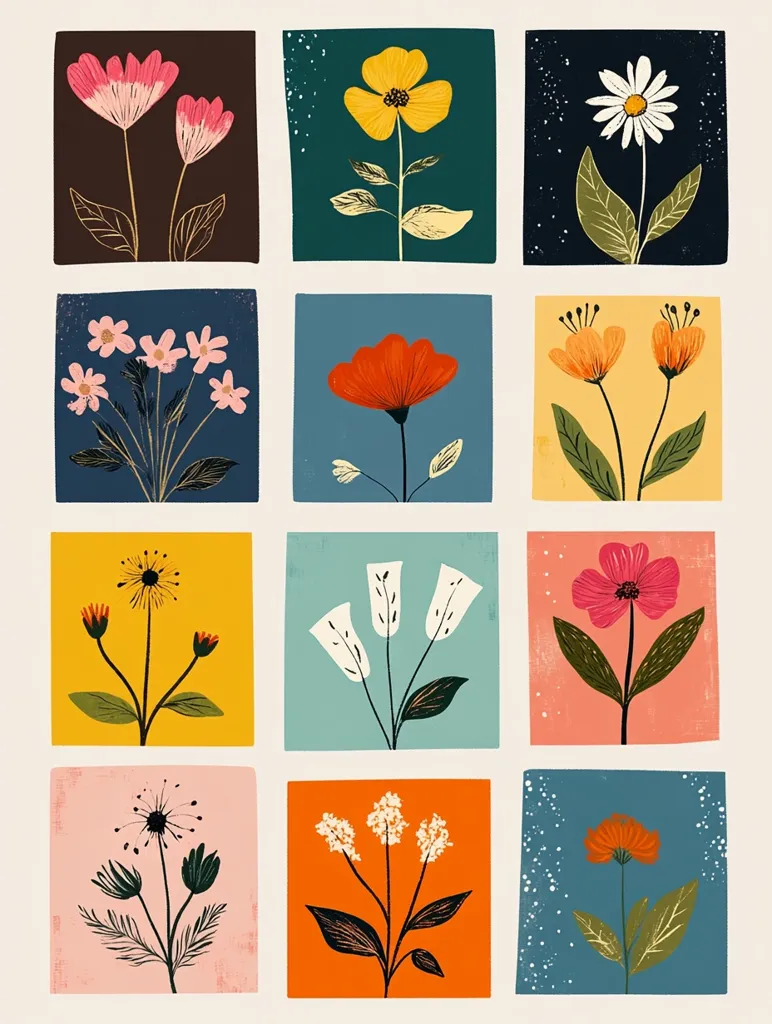 A charming collection of twelve illustrated floral designs. Each square features a unique stylized flower or cluster of flowers in varying colors and textures.  The flowers are depicted with bold outlines and simple shapes against colored backgrounds, creating a modern, vintage-inspired aesthetic. The overall arrangement is pleasing and evokes a feeling of springtime or a blossoming garden.