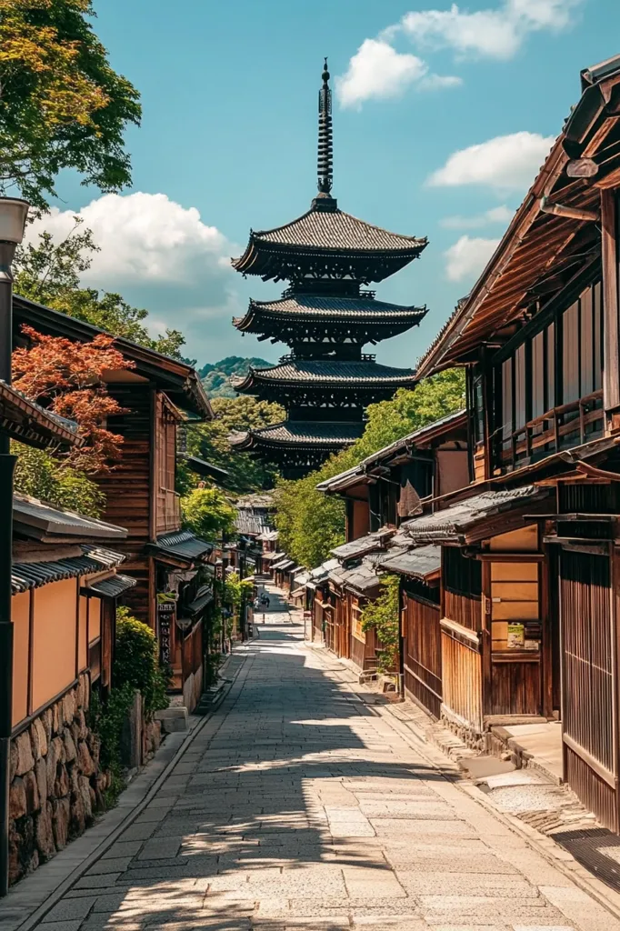 A picturesque street in Japan, lined with traditional wooden houses, leads towards a towering three-tiered pagoda. Sunlight casts shadows on the stone path, enhancing the serene atmosphere. Lush greenery flanks the buildings, adding to the tranquil ambiance of this historic location.  The scene evokes a sense of calm and cultural richness.
