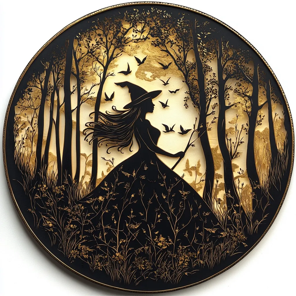 A circular wood carving depicts a silhouette of a witch in a long dress and pointed hat, walking through a forest.  Birds fly around her as she holds a staff.  The forest is detailed with thin trees and undergrowth, all rendered in black against a gold-highlighted background. The overall style is dark, elegant, and evocative of folklore.