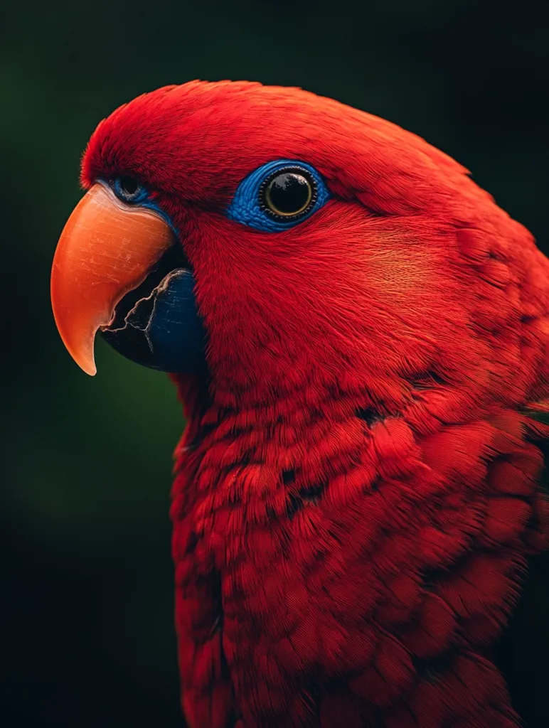 A vibrant red Eclectus parrot is captured in close-up, its profile prominently displayed against a dark, blurred background.  The parrot's bright red plumage is richly detailed, contrasting with its striking blue eye and orange beak. The image emphasizes the bird's texture and color, creating a striking visual impact.