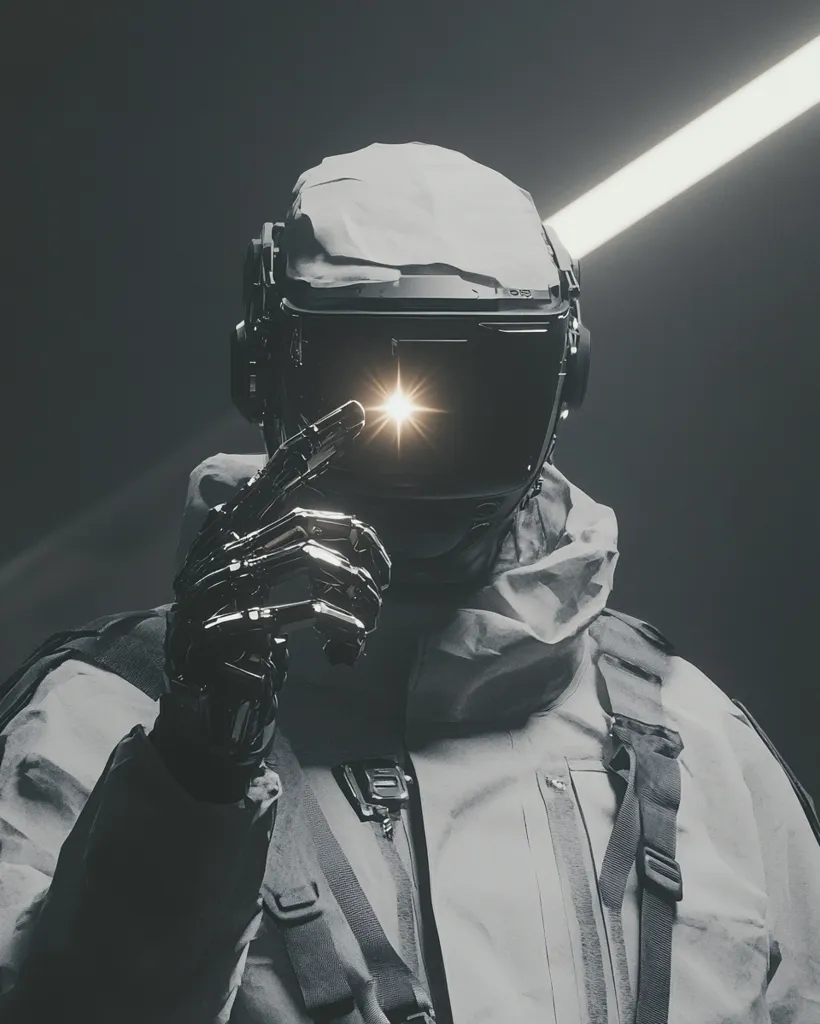 A futuristic astronaut, clad in a gray spacesuit, holds a bright light emanating from their metallic robotic hand in front of their face.  The helmet's visor reflects the light, creating a dramatic, high-contrast image.  The background is dark, with a single bright line cutting across the frame, enhancing the overall mood of science fiction and technological advancement. The scene is rendered in a monochrome palette with subtle light accents.