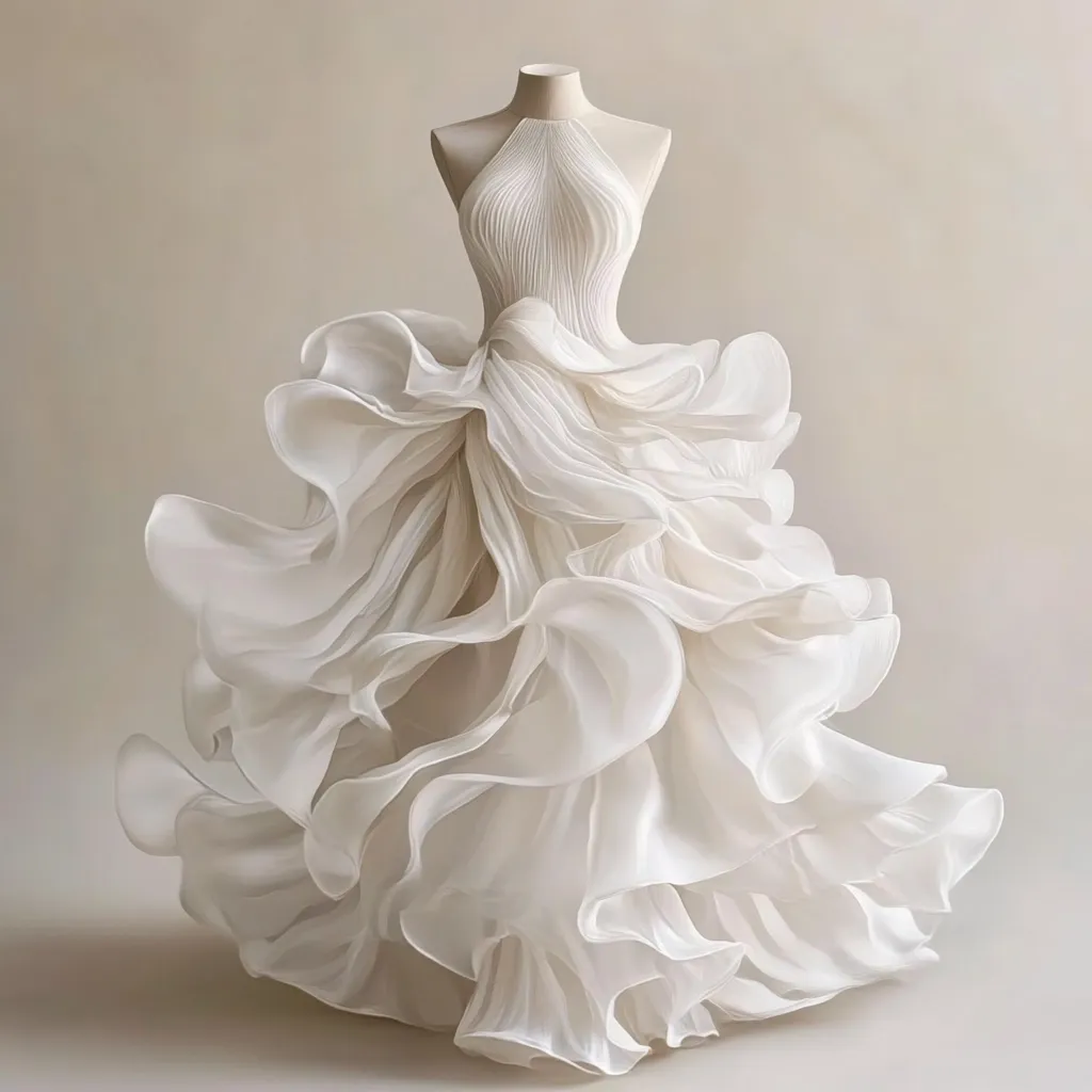 A breathtaking wedding gown, ivory in color, commands attention.  Its halter neckline bodice features delicate pleats, flowing into a dramatic, voluminous skirt of cascading ruffles.  The gown's soft, ethereal fabric creates a sense of movement and lightness, suggesting a dreamy and romantic aesthetic.  The overall design is both elegant and incredibly opulent.