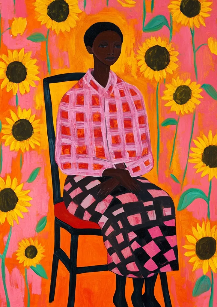 A vibrant painting depicts a Black woman seated on a chair against a backdrop of sunflowers.  She wears a pink and orange checkered shirt and matching skirt. The bold, stylized sunflowers and warm color palette create a joyful and energetic atmosphere. The woman's serene expression contrasts with the bright, lively surroundings.  The painting's style is naive and expressive.
