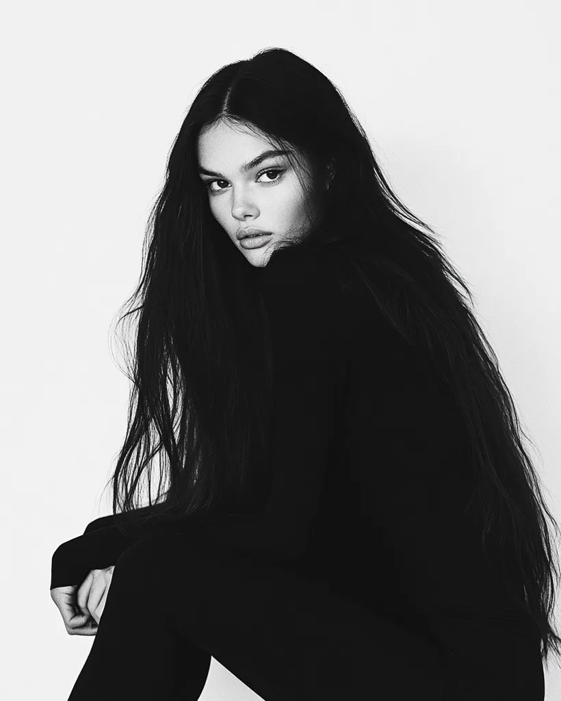 A black and white portrait of a young woman with long, dark hair. She is wearing a black turtleneck sweater and is sitting with her legs bent.  Her expression is serious and her gaze is directed towards the viewer. The image is simple yet striking, focusing on the model's features and the contrast of light and shadow. The background is plain white, drawing all attention to the subject.