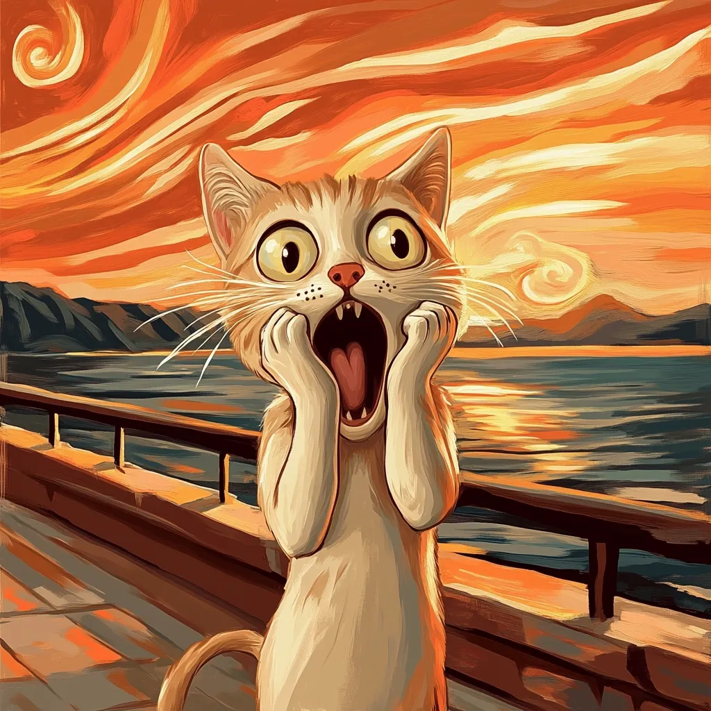 A stylized cat, rendered in the style of Edvard Munch's "The Scream," stands on a boardwalk overlooking a calm body of water at sunset.  The cat's wide-eyed, gaping expression mirrors the human figure in Munch's iconic painting, creating a humorous and unsettling juxtaposition.  The swirling, fiery sky enhances the dramatic effect.
