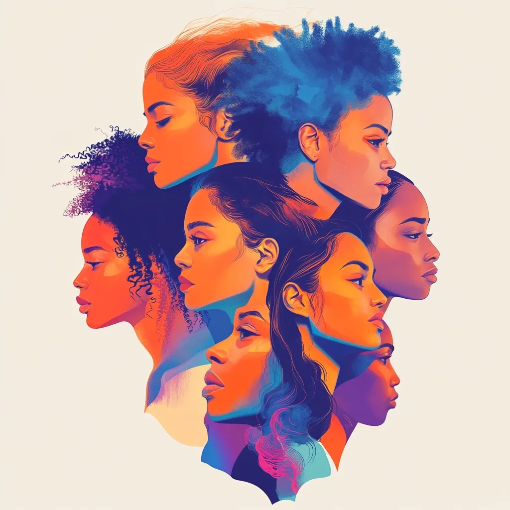 A vibrant digital artwork depicts seven young Black women in profile, their faces radiating in warm and cool hues of orange, purple, and blue.  Their hair styles vary, showcasing diverse textures and colors. The women are arranged closely together, creating a sense of unity and sisterhood. The style is modern and expressive, with painterly brushstrokes adding depth and texture.