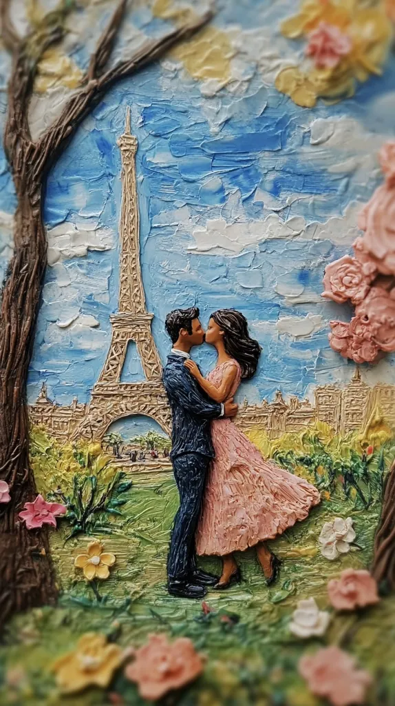 A textured painting depicts a romantic scene in Paris. A couple passionately kisses in front of the Eiffel Tower, under a blossoming tree.  The impasto style creates a three-dimensional effect, emphasizing the couple and the Parisian setting.  The colors are vibrant, showcasing a spring-like atmosphere.  The artwork conveys a sense of love and Parisian charm.