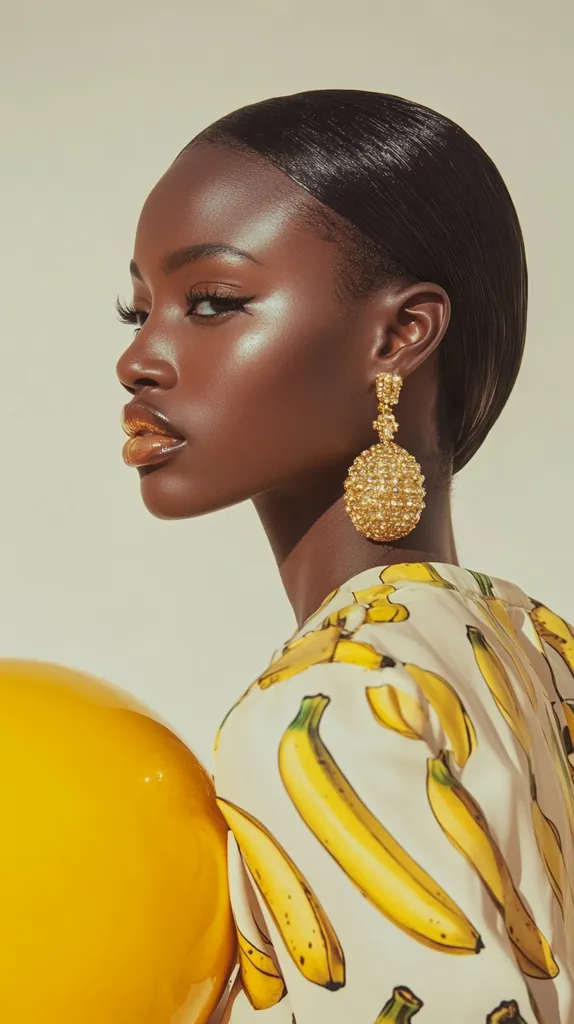 A Black woman with sleek, dark hair wears large, gold, spherical earrings.  Her makeup is subtly glamorous, and her skin glows. She's dressed in a cream-colored shirt patterned with yellow bananas.  A large, yellow orb is partially visible behind her, adding to the vibrant, stylish image. The overall aesthetic is modern and striking.