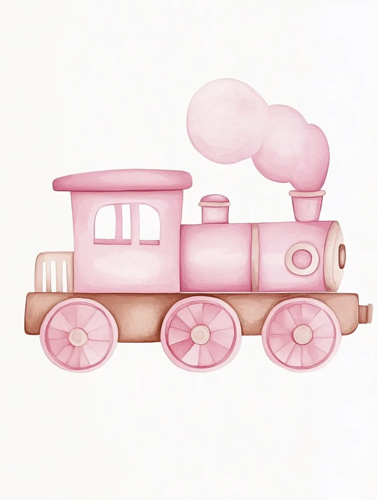 A charming watercolor illustration depicts a pink toy train.  The train features a light pink body with brown wheels and a whimsical puff of pink smoke. Its simple design and soft colors create a sweet and endearing image, perfect for children's decor or stationery.  The style is gentle and playful.