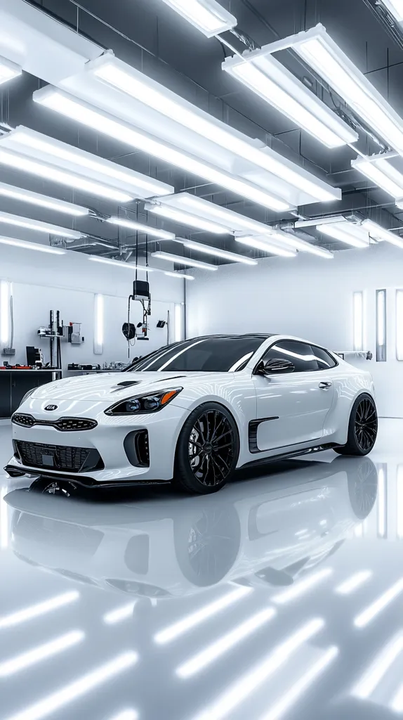 A pristine white Kia Stinger GT sports coupe sits in a brightly lit, minimalist garage.  The car's sleek design and black rims are sharply defined by the clean, white surroundings and numerous overhead fluorescent lights. The highly polished floor reflects the car, creating a symmetrical and visually striking image. The overall atmosphere is modern and sophisticated.