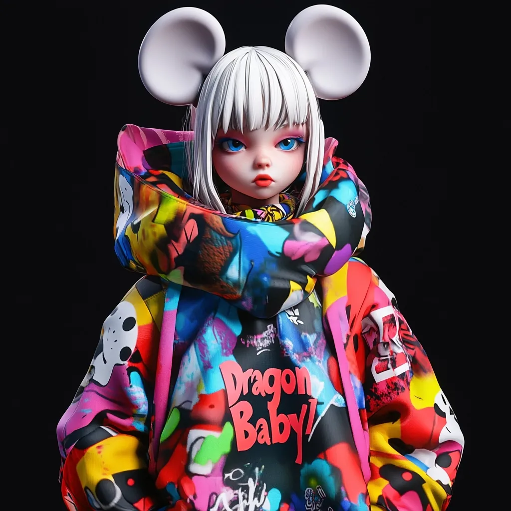 A digital rendering of a stylized female character.  She has white hair, large mouse ears, and striking blue eyes.  She's wearing a vibrant, graffiti-printed hoodie with "Dragon Baby" emblazoned across the chest. The overall aesthetic is a blend of anime and street style, creating a bold and colorful image. The background is plain black, emphasizing the character's vivid attire.