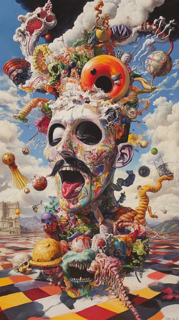 A surreal and vibrant painting depicts a grotesque, colorful head emerging from a chaotic mass of organic and inorganic forms.  The head, with a wide-open mouth and exaggerated features, is adorned with intricate patterns.  Surrounding it are skulls, bizarre objects, and fantastical creatures against a checkered plane, creating a visually arresting and unsettling composition under a dramatic sky.  The overall effect is one of intense energy and imaginative excess.