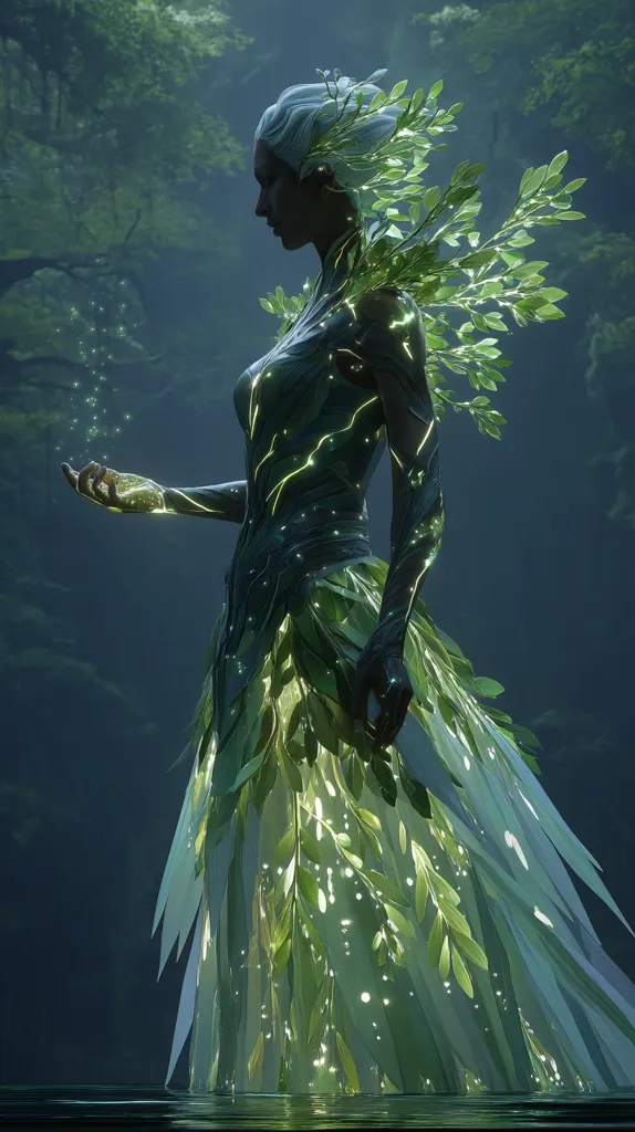 A digital painting depicts a graceful woman, adorned in a flowing gown interwoven with luminous green leaves and vines.  Her form is ethereal, almost translucent, with glowing lines tracing her body.  She stands amidst a dark, lush forest, her pose suggestive of a mystical being connected to nature.  Particles of light emanate from her hand, enhancing her otherworldly appearance. The overall mood is serene and magical.