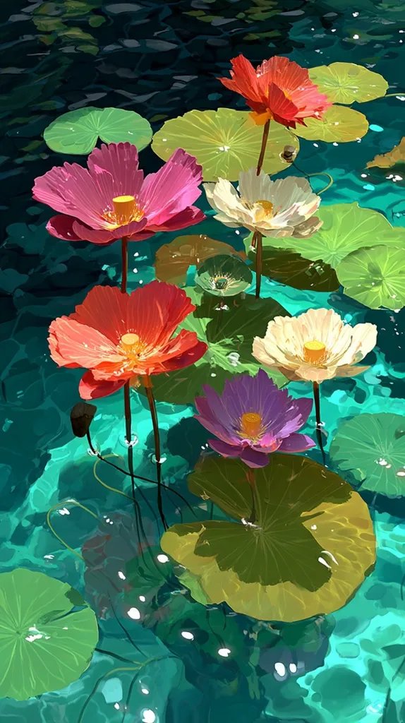 Vibrant, colorful flowers bloom atop large, green lily pads in a serene pond.  The water is a clear teal, reflecting sunlight and the blossoms.  The flowers are various shades of red, pink, purple, and white, creating a stunning contrast against the green leaves and the water.  The scene is peaceful and evokes a sense of tranquility.
