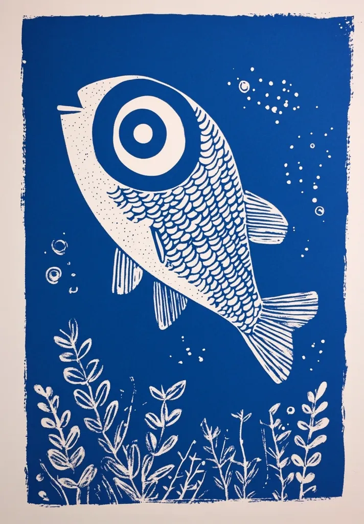 A vibrant blue linocut print features a stylized fish swimming upwards. The fish has a large, concentric-circle eye and detailed scales.  Simple aquatic plants are depicted at the bottom, while small white dots suggest bubbles in the blue water. The bold, graphic style contrasts the detailed textures, creating a striking image.  The color palette is limited to blue and white, enhancing the print's graphic nature.