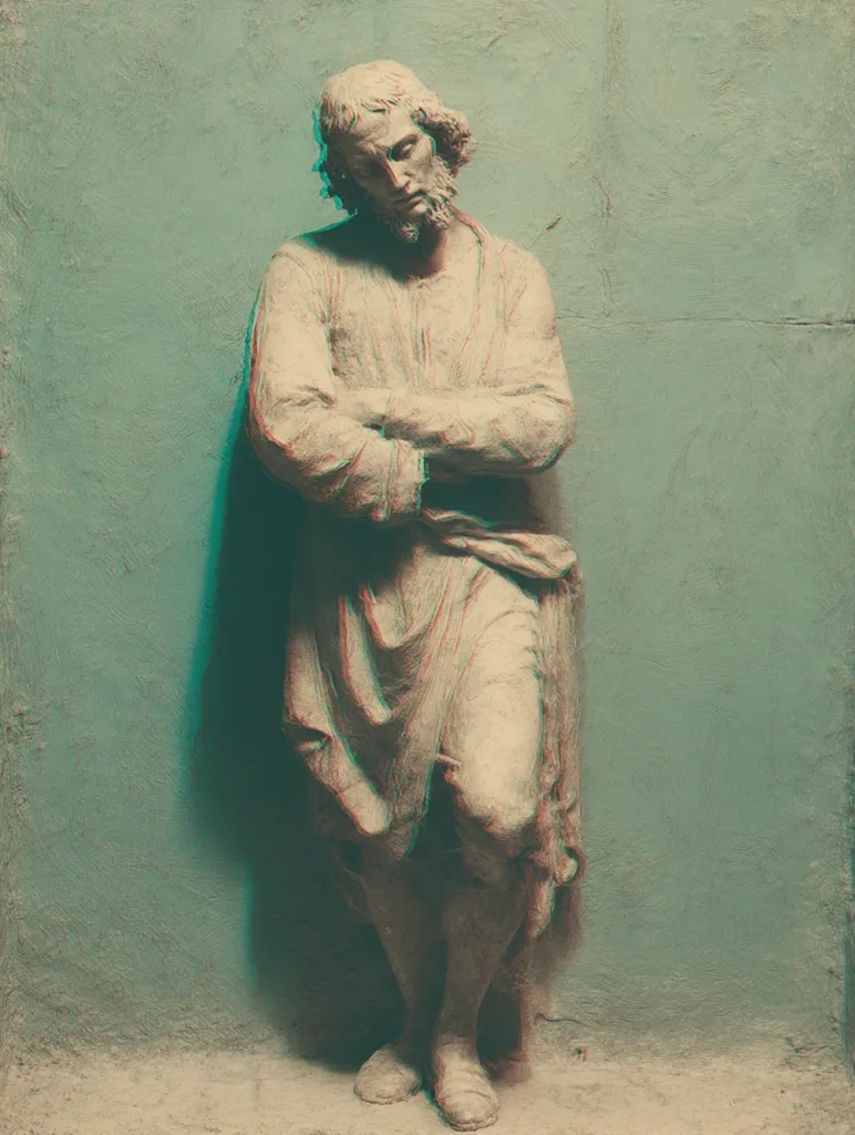 A weathered statue of a bearded man, possibly a religious figure, stands against a teal wall.  His arms are crossed over his chest, and he wears a long robe.  The statue's features are softened by age and the muted color palette, giving it a contemplative and slightly melancholic aura.  The image has a vintage or aged filter applied, enhancing the antique quality of the sculpture.