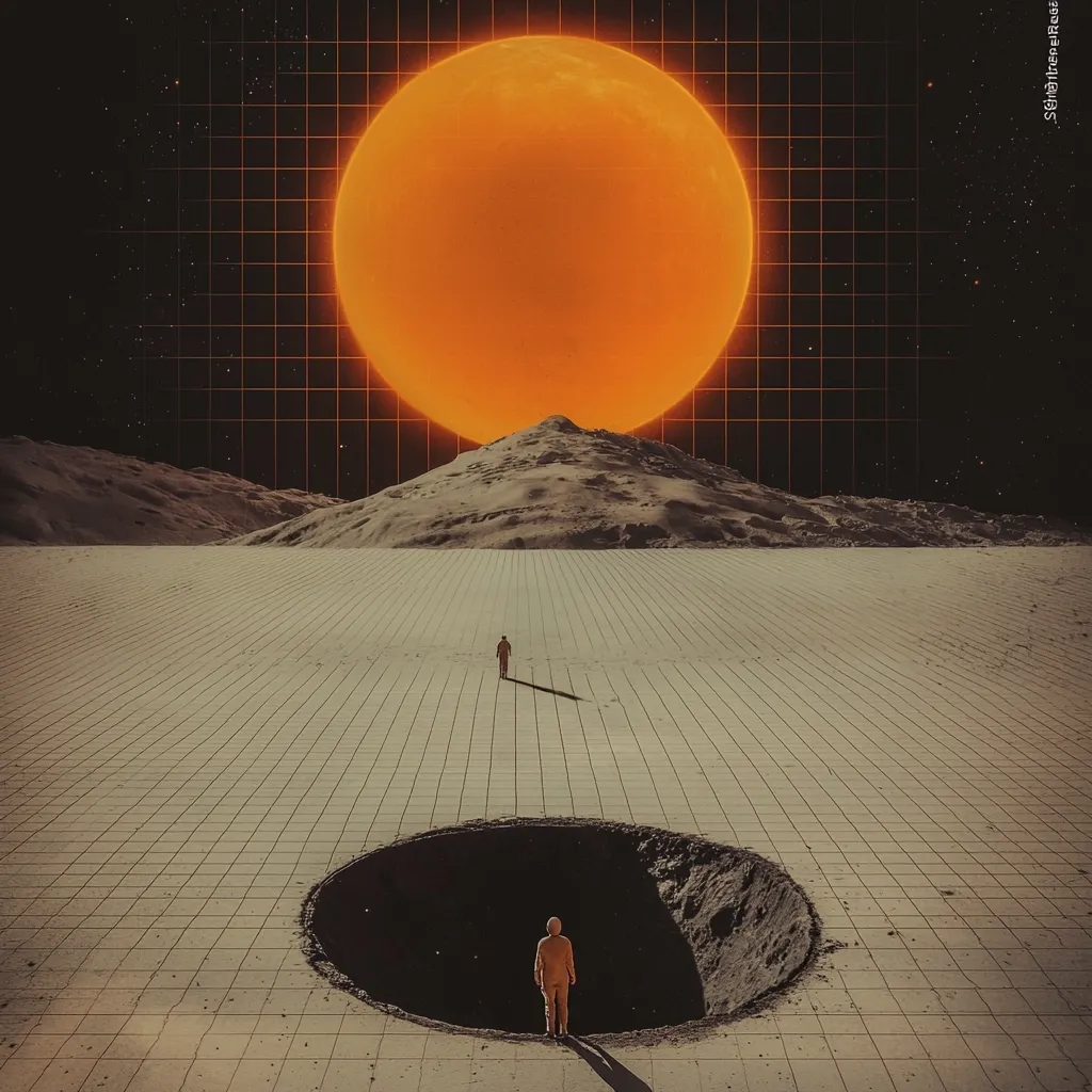 A surreal landscape unfolds under a giant, fiery orange sun.  A gridded plain stretches to a distant mountain, with two lone figures walking towards a vast, dark chasm. One figure stands at the chasm's edge, creating a sense of mystery and isolation. The artwork evokes a feeling of vastness, solitude, and the unknown.  The color palette is muted, emphasizing the otherworldly atmosphere.