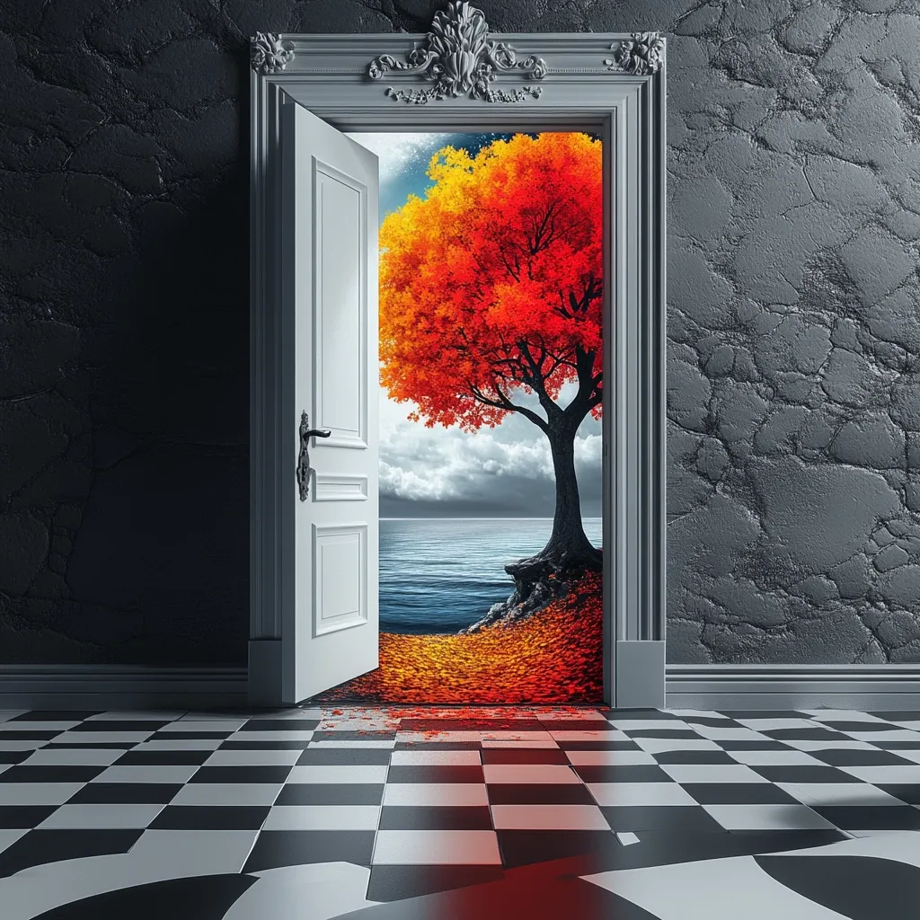 A white door, ornately framed, opens to reveal a vibrant autumnal scene.  A fiery red tree stands majestically by a calm body of water, its fallen leaves carpeting the shore. The contrast between the dark, textured wall and the bright, inviting landscape creates a surreal and captivating image.  The checkered floor adds to the dreamlike quality of the scene, suggesting a portal to another world.