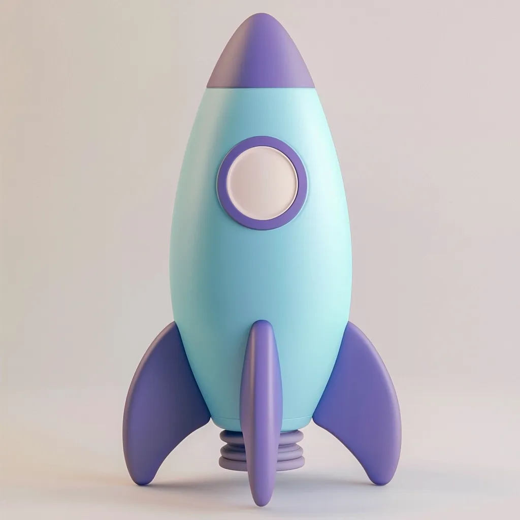 A light blue and purple cartoon rocket stands against a white background.  Its design is simple and rounded, with a large circular window.  The rocket has three purple fins at the base and a purple top.  The overall aesthetic is playful and childlike, suggesting a toy or a design element.