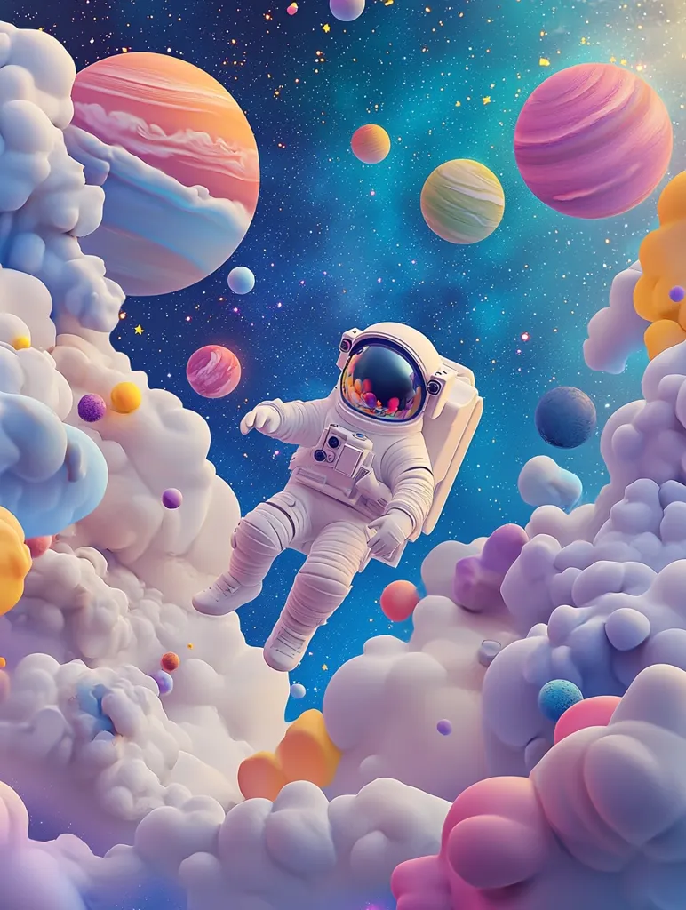 A whimsical illustration depicts an astronaut floating amidst pastel-colored clouds and planets.  The astronaut, in a white spacesuit, appears weightless, surrounded by vibrant, candy-like celestial bodies. The background is a dark, starry expanse. The overall style is dreamy and surreal, combining elements of space exploration with a childlike sense of wonder.