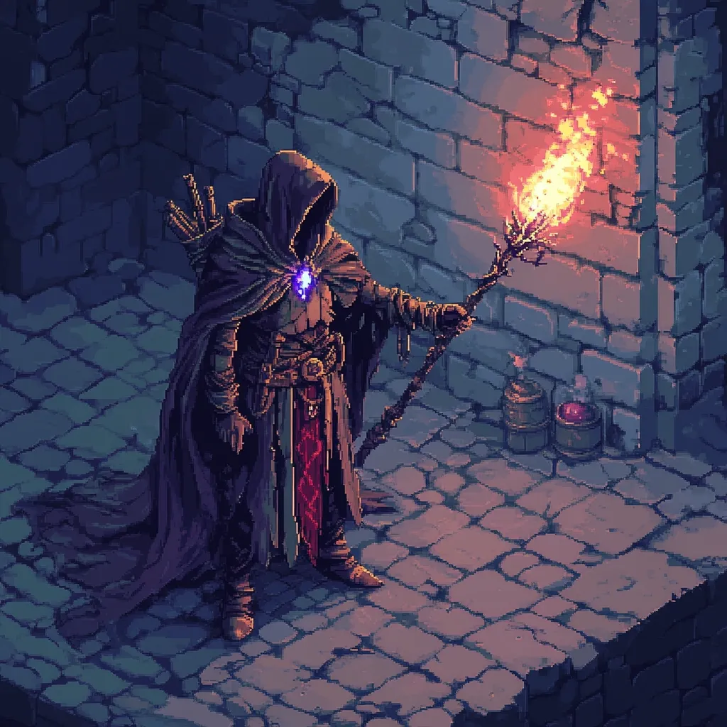 A pixel art depiction of a hooded figure, possibly a mage or ranger, stands in a dimly lit stone corridor.  The character wears dark robes and carries a staff with a flaming torch, illuminating a section of the ancient brick wall.  A quiver of arrows is visible on their back.  Small barrels and a vial are situated nearby, suggesting a dungeon or forgotten place. The overall atmosphere is mysterious and evocative of fantasy role-playing games.