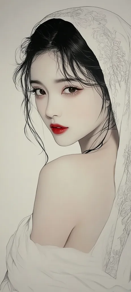 A stylized portrait of a young woman with long, dark hair, partially obscured by a sheer, white head covering adorned with delicate floral patterns. Her gaze is directed away from the viewer, revealing a subtle, contemplative expression.  The soft shading and smooth lines create an ethereal and elegant aesthetic.  Her red lips provide a striking contrast to the overall muted color palette.