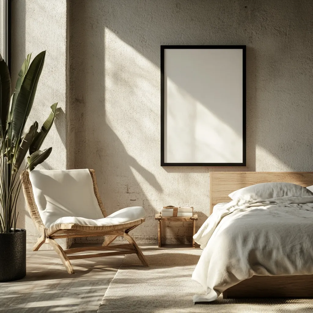 A sun-drenched minimalist bedroom features a light beige linen bed, a woven rattan chair with a cream cushion, and a large blank framed poster on the wall.  A small wooden side table holds a stack of books.  A large potted plant adds a touch of greenery. The room's aesthetic is calm and natural, with a focus on light and texture.  The overall mood is serene and inviting.
