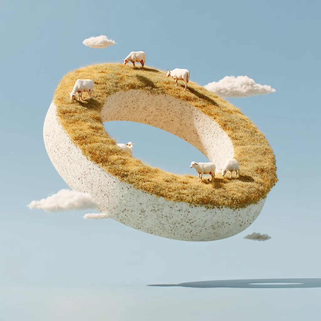 A surreal 3D rendering depicts a ring-shaped island floating in a pale blue sky.  Covered in yellow-gold grass, it supports several small, white sheep peacefully grazing.  Fluffy white clouds drift nearby, adding to the dreamlike, whimsical atmosphere.  The scene is serene and unusual, a blend of fantasy and minimalist design.