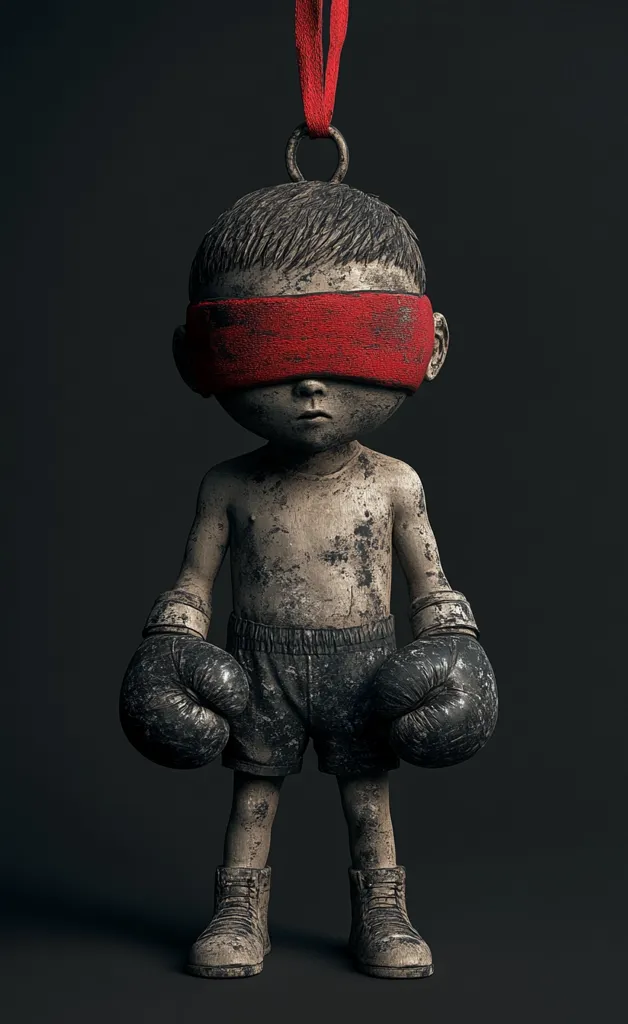 A weathered, stone-like figurine of a young boxer hangs from a red cord.  The child's eyes are covered by a red blindfold, and they are wearing worn boxing gloves and boots. The overall aesthetic is dark and somber, suggesting themes of vulnerability and unseen struggle. The detail and texture of the figurine are highly realistic.