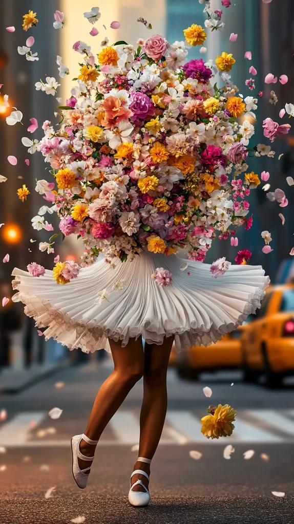 A ballerina in a white tutu, seemingly made of petals, dances down a city street.  A massive bouquet of vibrant flowers explodes from her waist, petals scattering in the wind.  She wears white ballet slippers, and a blurred yellow taxi is visible in the background, creating a surreal and whimsical scene.