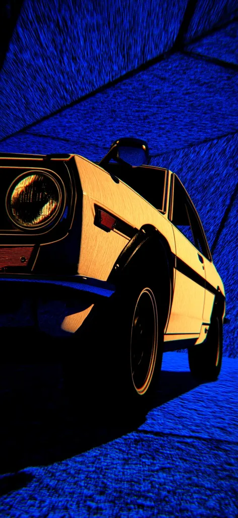 A stylized image of a vintage car, possibly a Japanese model from the 1970s, is presented. The car is off-white, and the image is heavily processed with a blue, textured background. The car is angled, showcasing its front headlight and tire, creating a dramatic low-angle perspective. The blue background is reminiscent of a night scene or a stylized illustration. The overall effect is a blend of realism and artistic expression.