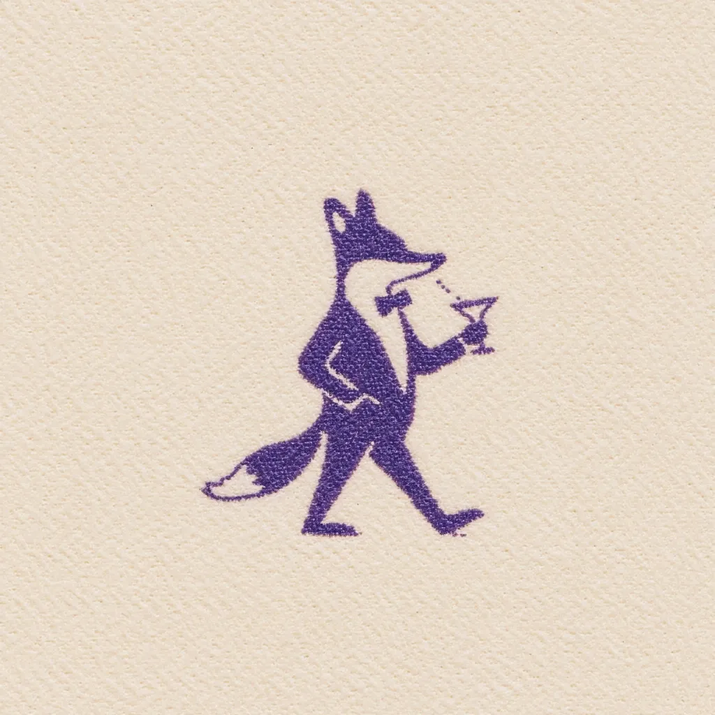 A purple silhouette of a fox, dressed in a tuxedo, is depicted holding a martini glass.  The fox is walking and its tail is visible. The image is printed on a textured, off-white background, suggesting a  cocktail napkin, place card, or similar item. The style is simple and elegant, possibly hinting at a sophisticated event.