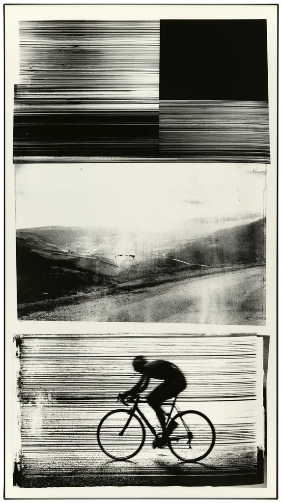 A tripartite black and white photograph depicts a cyclist in motion.  The top section features abstract horizontal lines and a black square. The middle shows a blurred landscape. The bottom features a silhouetted cyclist on a road bike against a background of blurred horizontal lines, suggesting speed and movement.  The overall effect is a dynamic and somewhat abstract representation of cycling.