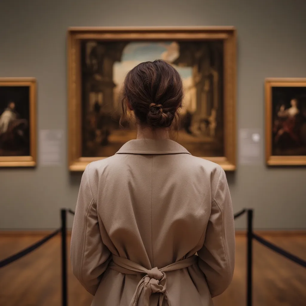 A woman, wearing a beige trench coat, stands in an art gallery, her back to the viewer.  She faces a large, ornate painting, flanked by smaller artworks on either side. The gallery's muted tones and the woman's posture create a serene and contemplative atmosphere. The scene suggests a moment of quiet appreciation for art.