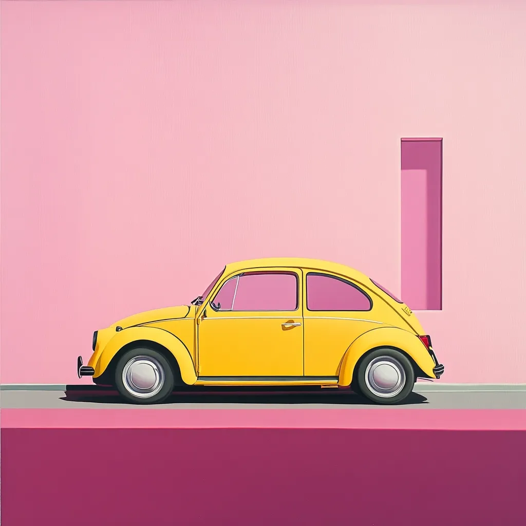 A vibrant yellow Volkswagen Beetle is parked against a pale pink wall, its profile prominently displayed.  A narrow, pink rectangular recess is set into the wall, adding a geometric element to the scene.  The overall style is clean, minimalist, and suggestive of a pop art aesthetic. The simple composition highlights the car's bright color against the soft background.