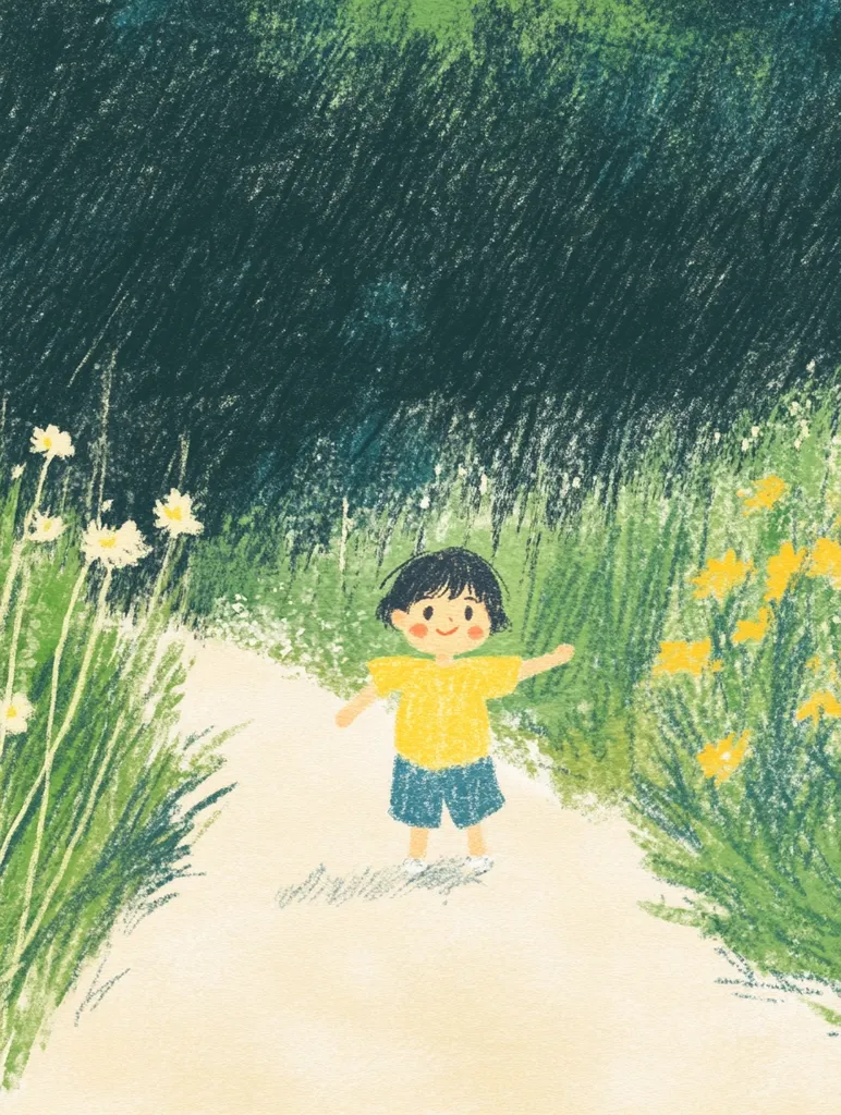 A cheerful child with short dark hair, wearing a yellow shirt and blue shorts, stands on a light-colored path.  Lush green grass and wildflowers, including daisies and yellow blooms, border the path. The style is whimsical, with a textured, pastel-like paint effect, creating a serene and idyllic scene. The child's happy expression suggests a sense of carefree joy in nature.