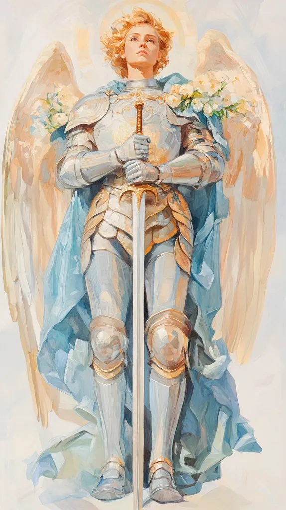 A painting depicts an angelic warrior, a celestial being clad in shining silver armor.  The angel, with blond hair and a serene expression, holds a long sword upright.  Large, pale wings extend from their back, adorned with a bouquet of white roses.  The angel's flowing light blue robe adds to the ethereal quality, set against a soft, cloudy background. The overall style is painterly and dreamlike, emphasizing light and color.