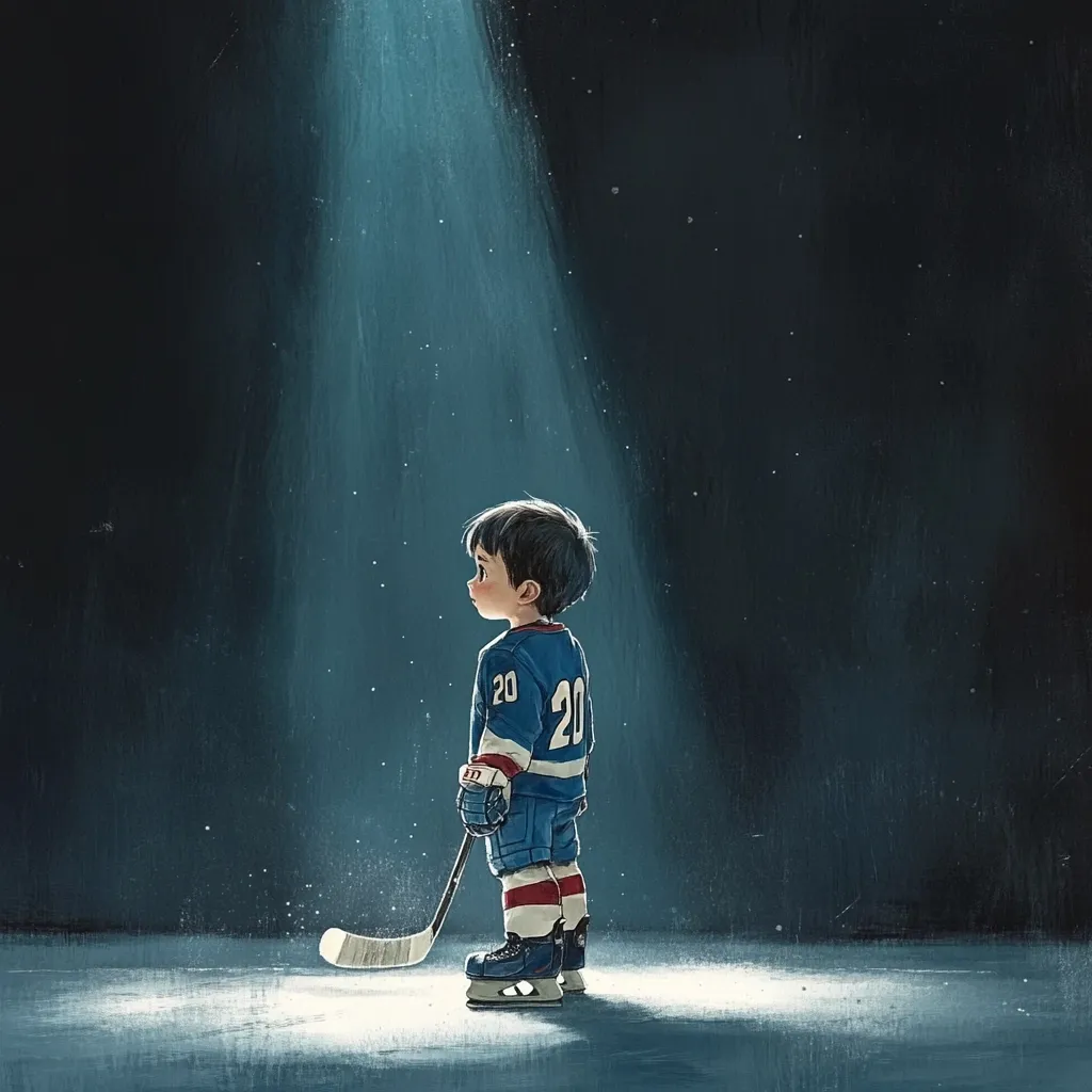 A young boy, dressed in a blue hockey jersey with the number 20, stands on an ice rink bathed in a single spotlight. He holds his hockey stick, gazing towards a distant point, his expression contemplative.  The dark background emphasizes the boy and his solitary figure, creating a dramatic and evocative scene. The artwork suggests dreams, aspirations, and the quiet determination of youth.