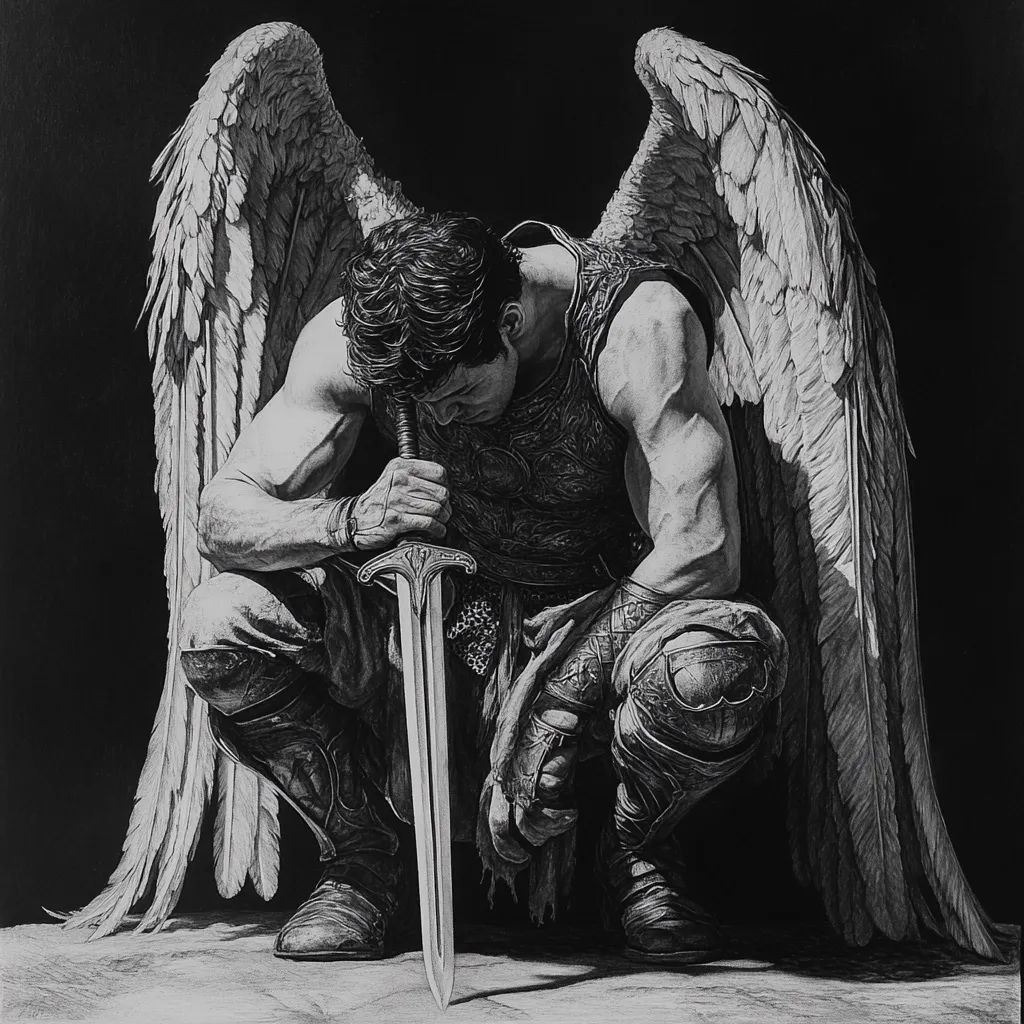 A powerful monochrome drawing depicts a muscular, winged angel kneeling, his head bowed in sorrow. He clutches a large sword, its hilt resting in his hands.  His armor is detailed, and his wings are large and meticulously rendered. The overall mood is one of profound grief or contemplation. The dark background accentuates the figure, creating a dramatic and somber image.