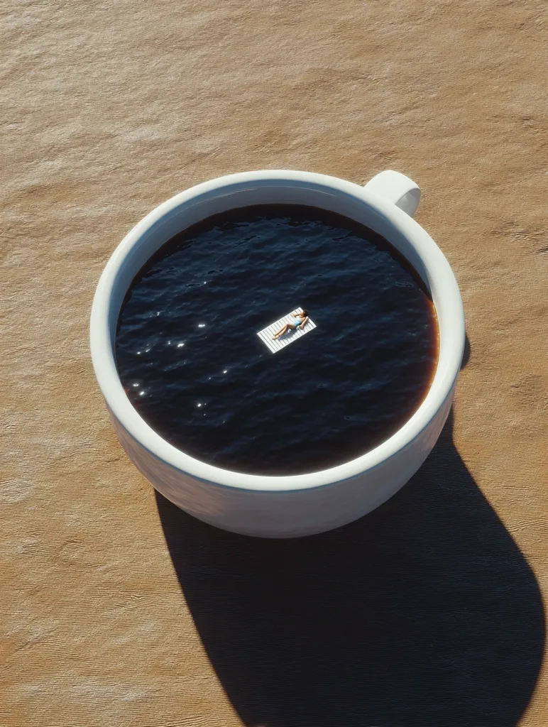 A large coffee mug filled with dark liquid resembles a miniature ocean.  A tiny person sunbathes on a floating raft in the center. The scene is surreal and playful, contrasting the everyday object with an imaginative, miniature world. The mug casts a shadow on the light brown wooden surface it rests on.