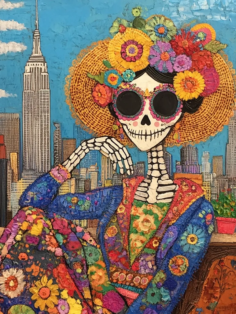 A vibrant, colorful depiction of a Calavera Catrina, a figure associated with the Mexican Day of the Dead, sits elegantly against the backdrop of the New York City skyline.  The Catrina is adorned in a floral-patterned outfit and a large, decorative hat.  The Empire State Building is prominently featured in the background, creating a striking juxtaposition of cultures and aesthetics. The artwork is richly textured, suggesting a mixed-media approach.