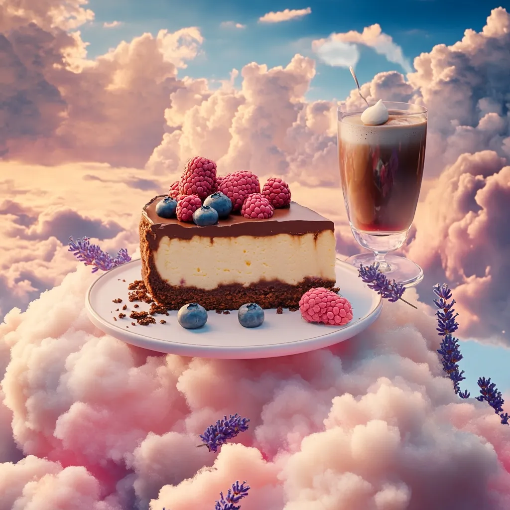 A slice of decadent cheesecake, adorned with fresh raspberries and blueberries, sits atop a cloud.  A rich, creamy beverage rests nearby, adding to the dreamy, surreal scene.  Soft, pastel clouds and sprigs of lavender create a whimsical atmosphere, resembling a fantasy landscape.  The overall image evokes a feeling of lightness and indulgence.